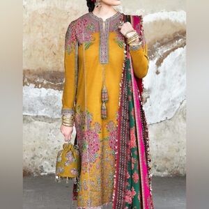 Yellow Floral Embroidered Hussain Rehar dress Suit